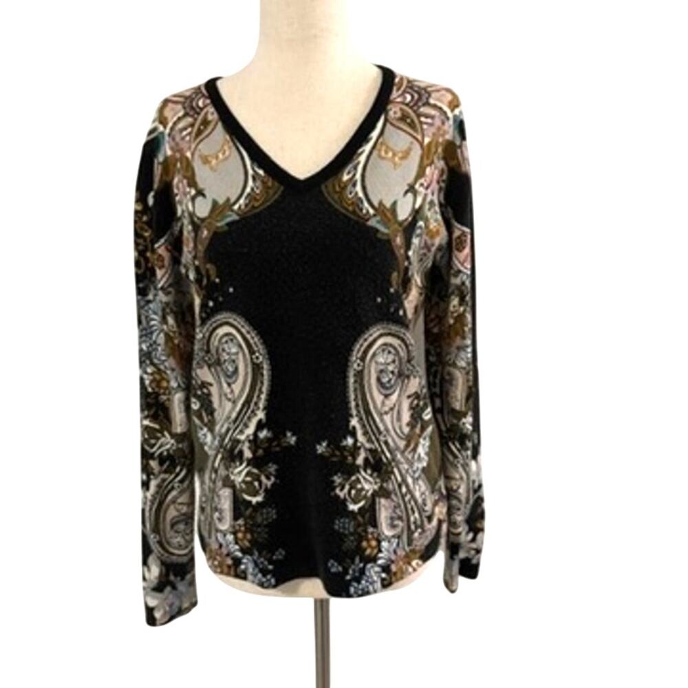 Escorpion Womens Medium Paisley V Neck Long Sleeve Top Black Multicolor